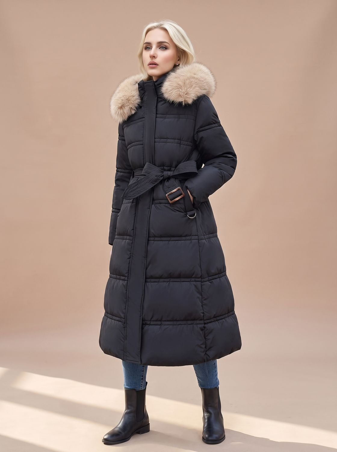 Women's Mid-Calf Padded Coat with Tie Belt and Fur Hood