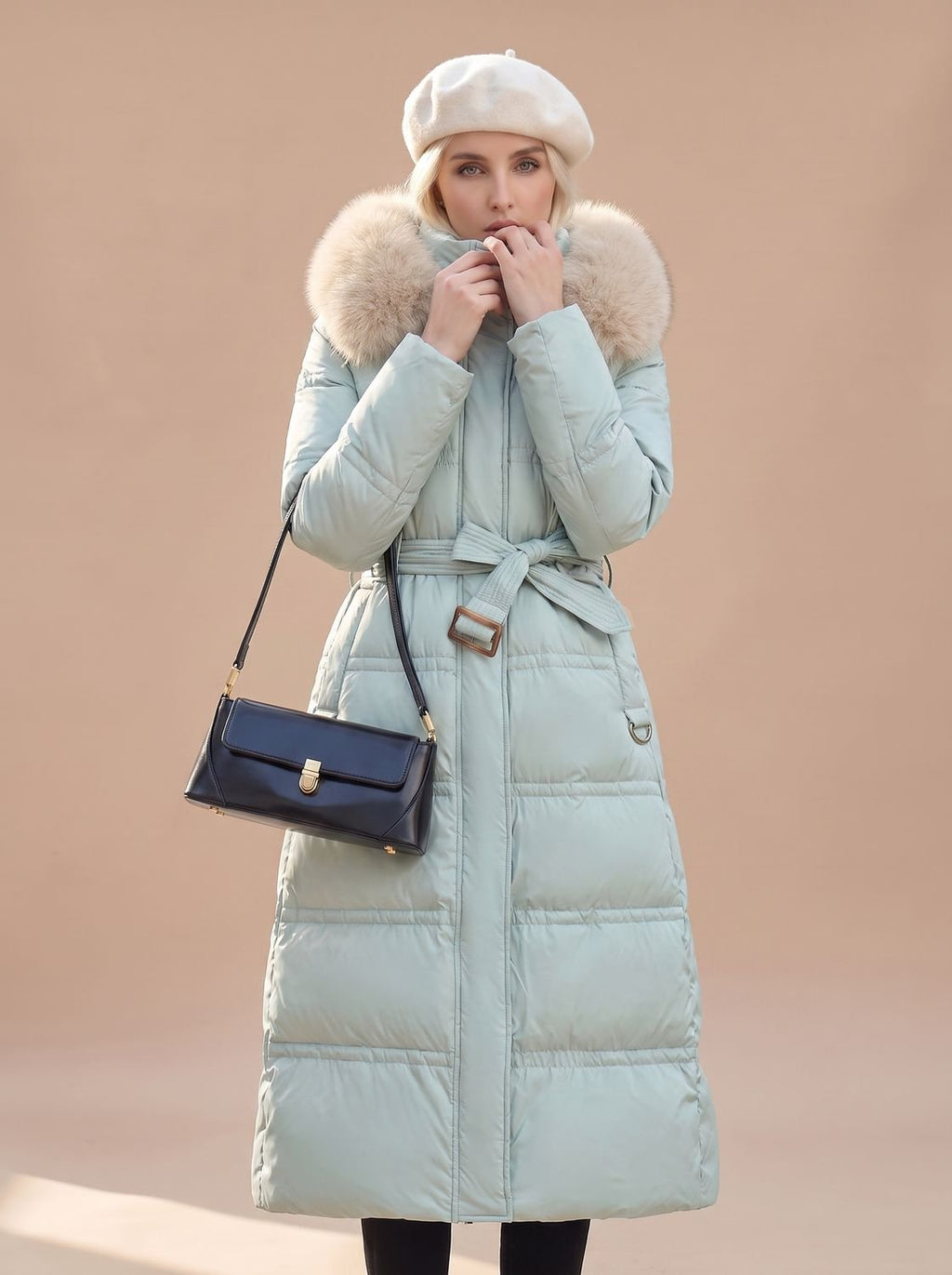 Women's Mid-Calf Padded Coat with Tie Belt and Fur Hood