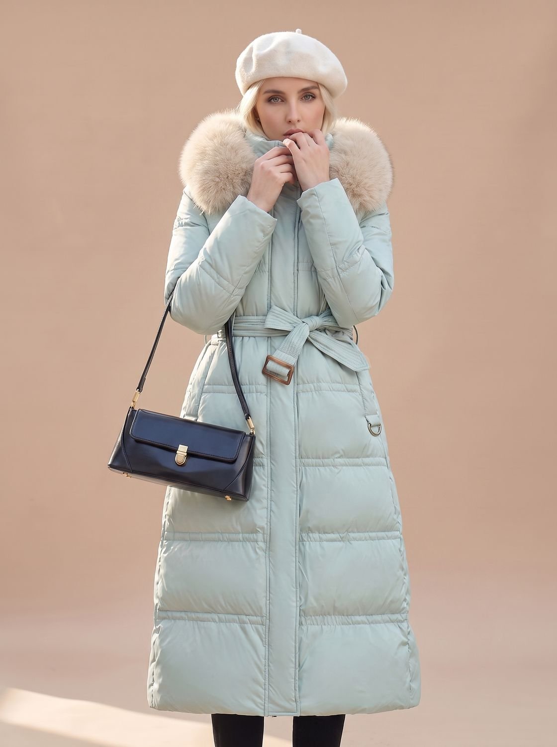 Women's Mid-Calf Padded Coat with Tie Belt and Fur Hood