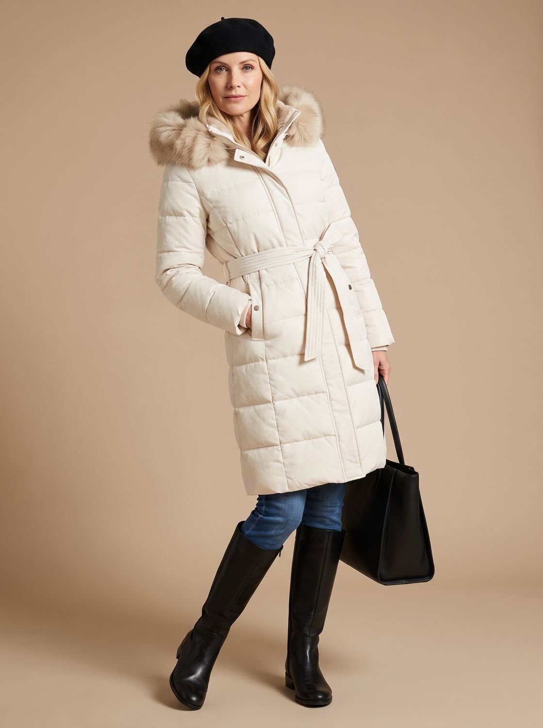 Women's Mid-Calf Padded Coat with Tie Belt and Fur Hood