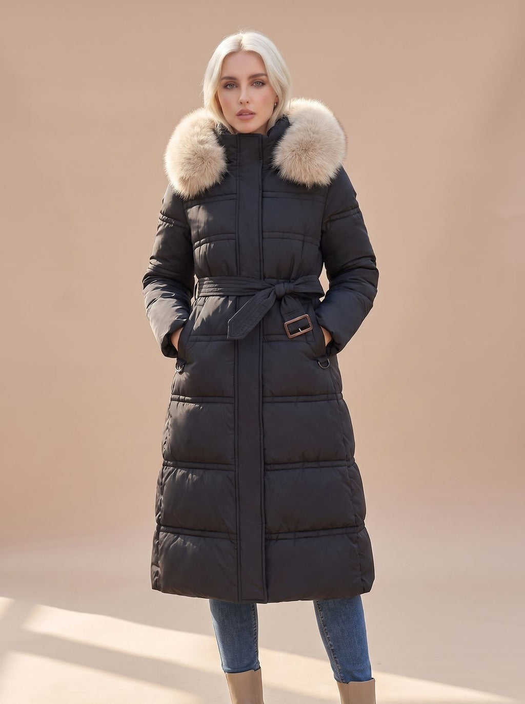 Women's Mid-Calf Padded Coat with Tie Belt and Fur Hood