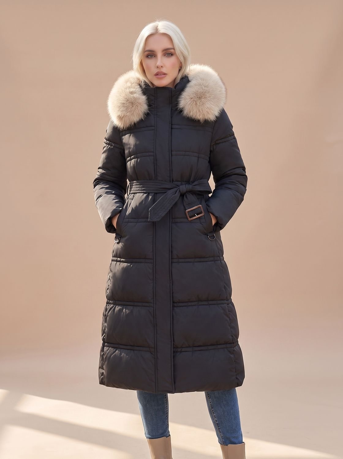 Women's Mid-Calf Padded Coat with Tie Belt and Fur Hood