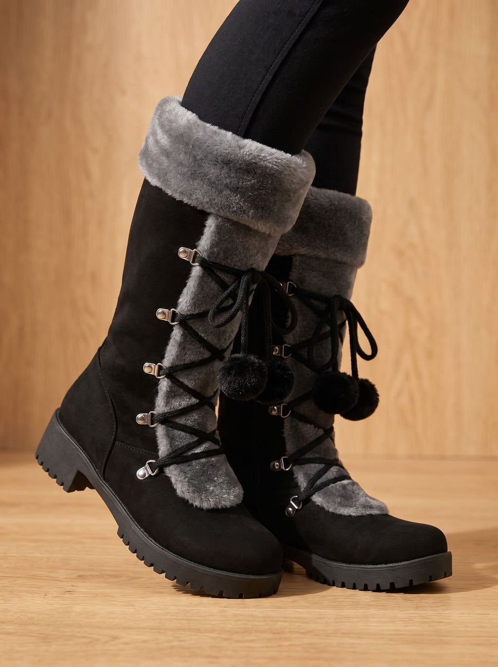 Women's Mid-Calf Lace-Up Snow Boots with Faux Fur Cuff