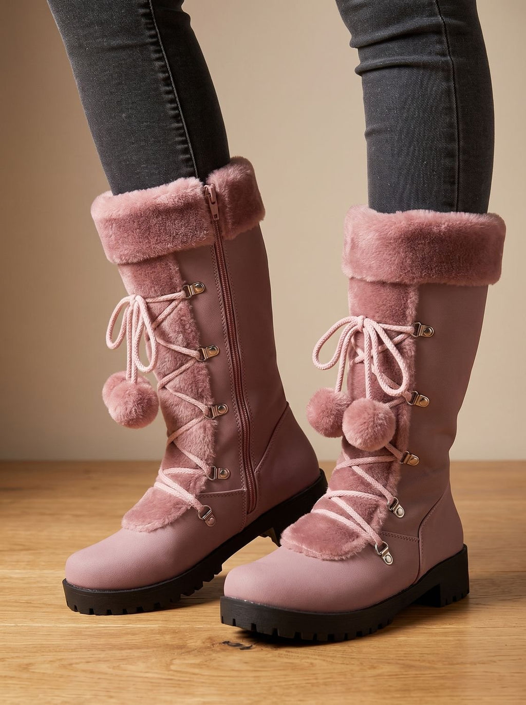 Women's Mid-Calf Lace-Up Snow Boots with Faux Fur Cuff