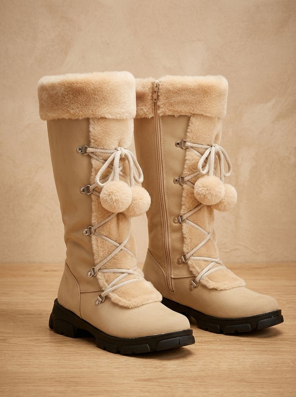 Women's Mid-Calf Lace-Up Snow Boots with Faux Fur Cuff
