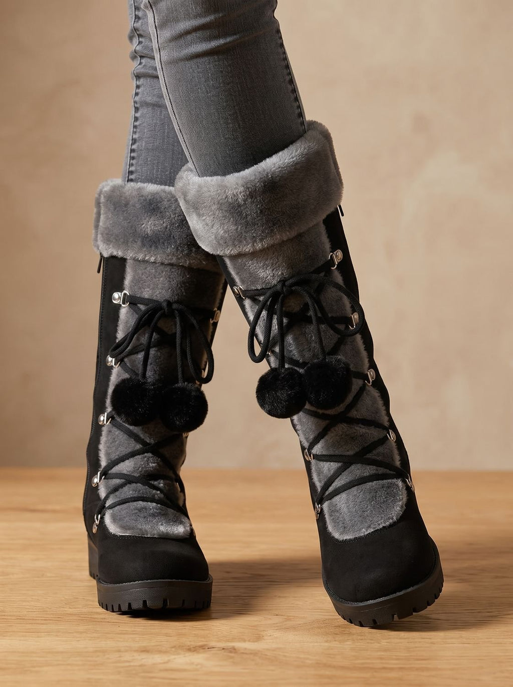 Women's Mid-Calf Lace-Up Snow Boots with Faux Fur Cuff