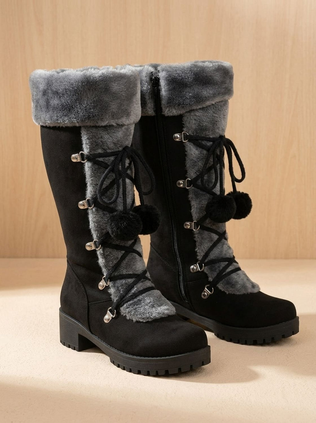 Women's Mid-Calf Lace-Up Snow Boots with Faux Fur Cuff