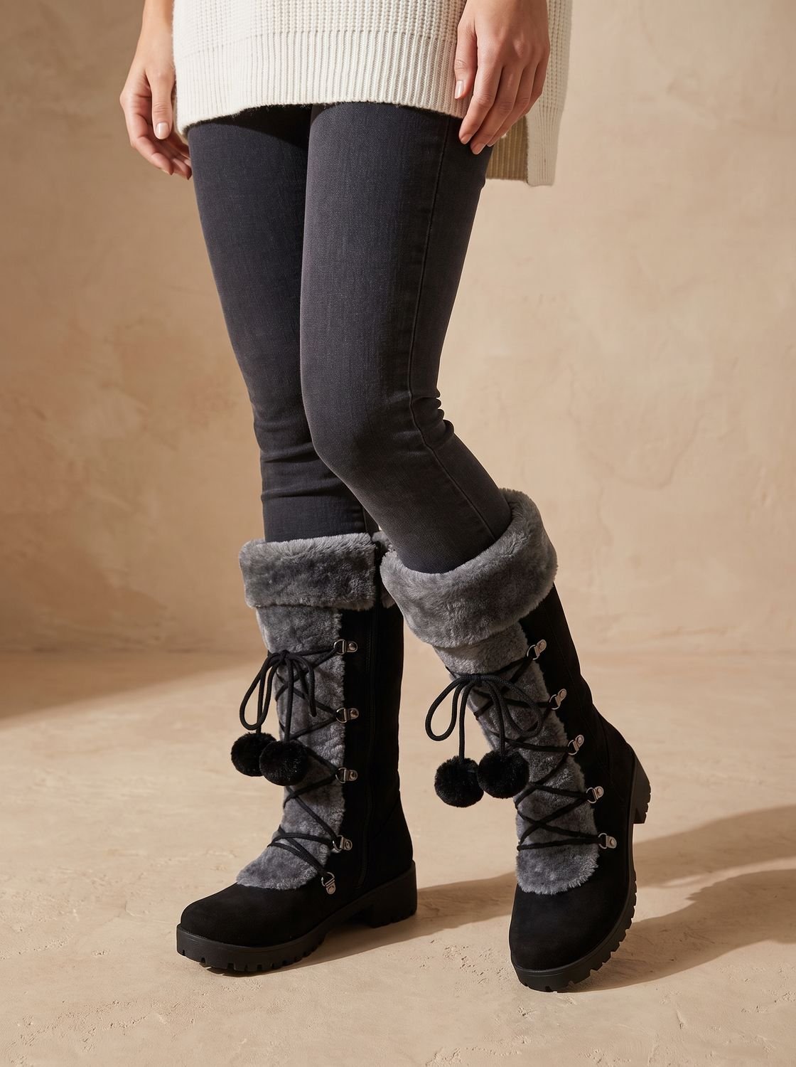 Women's Mid-Calf Lace-Up Snow Boots with Faux Fur Cuff