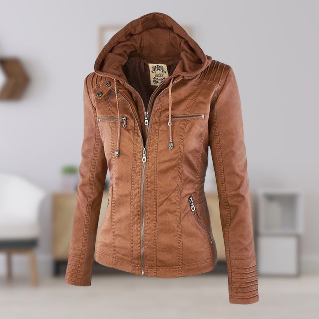 Women's Faux Leather Moto Coat with Removable Hood