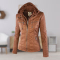 Women's Faux Leather Moto Coat with Removable Hood