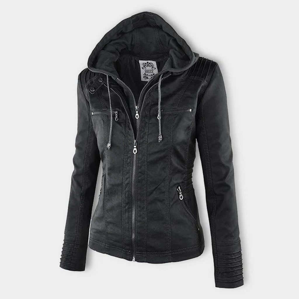 Women's Faux Leather Moto Coat with Removable Hood