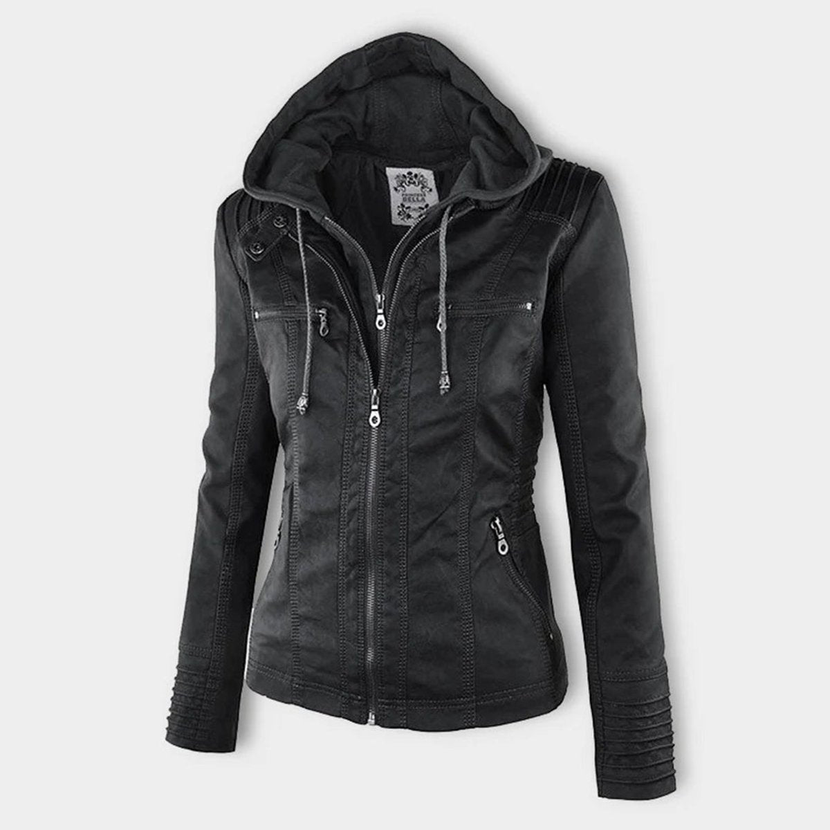 Women's Faux Leather Moto Coat with Removable Hood