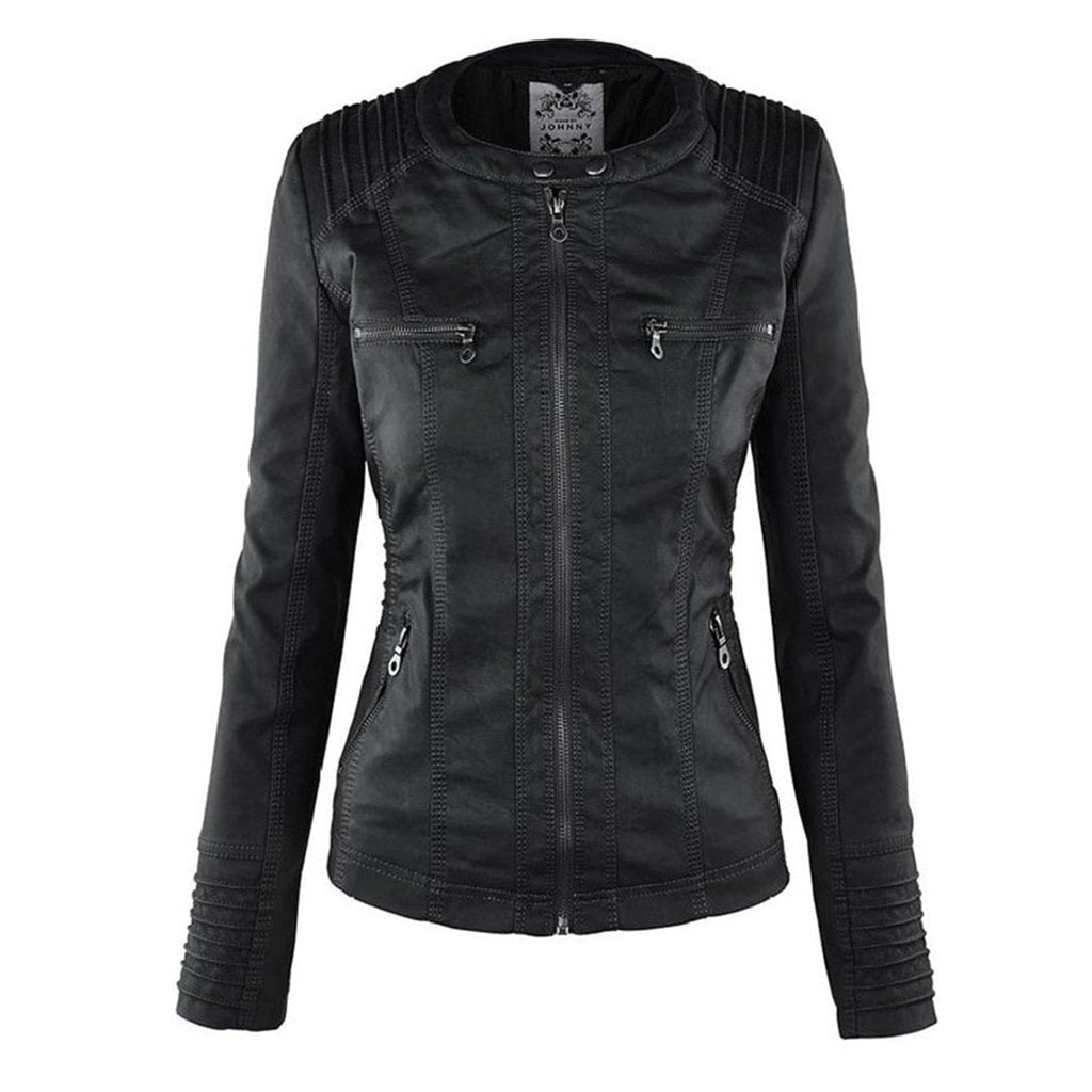 Women's Faux Leather Moto Coat with Removable Hood
