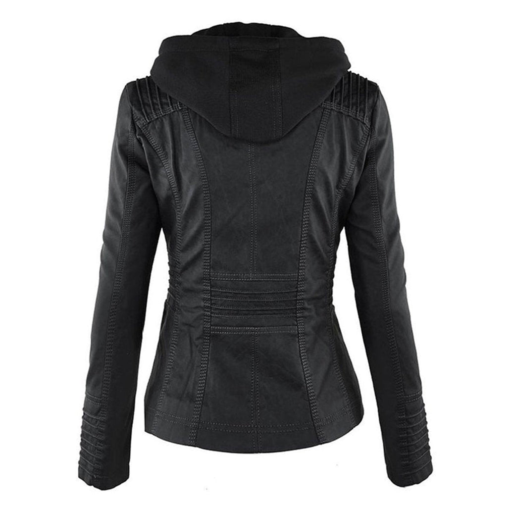 Women's Faux Leather Moto Coat with Removable Hood