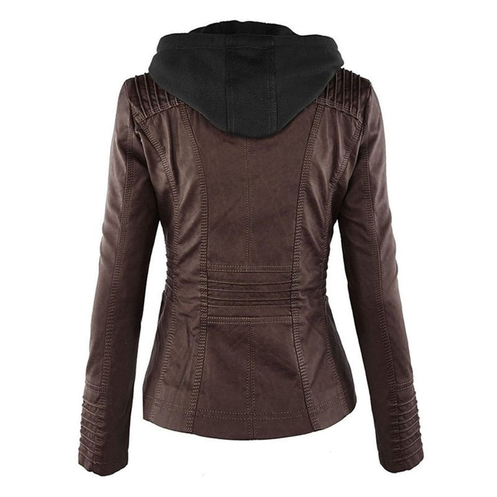 Women's Faux Leather Moto Coat with Removable Hood
