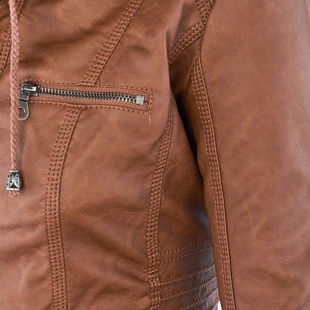 Women's Faux Leather Moto Coat with Removable Hood
