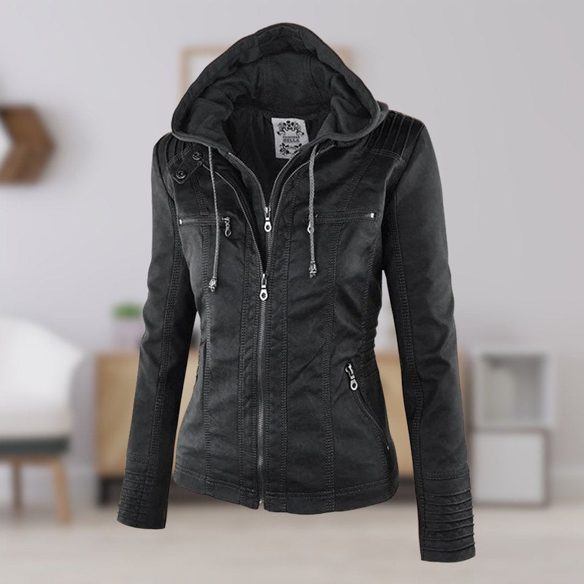 Women's Faux Leather Moto Coat with Removable Hood