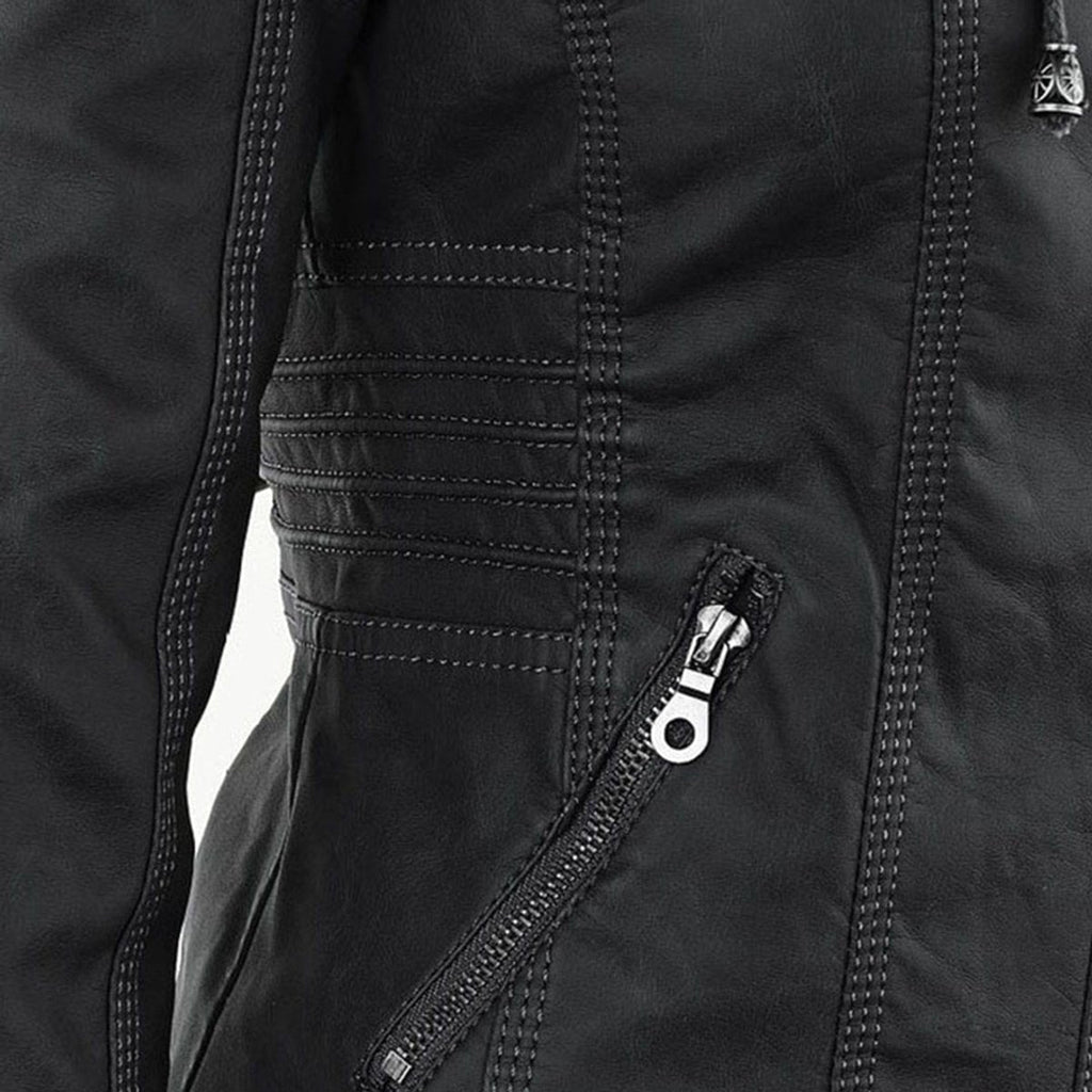 Women's Faux Leather Moto Coat with Removable Hood