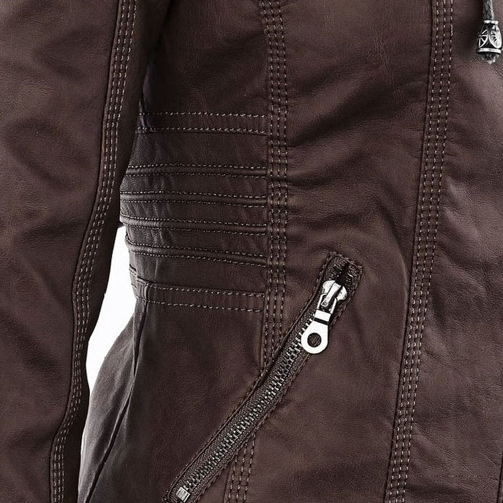 Women's Faux Leather Moto Coat with Removable Hood