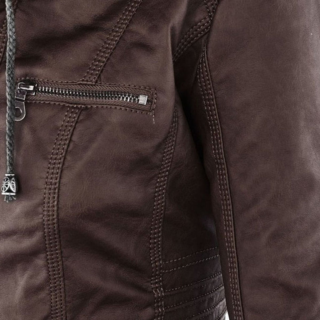 Women's Faux Leather Moto Coat with Removable Hood