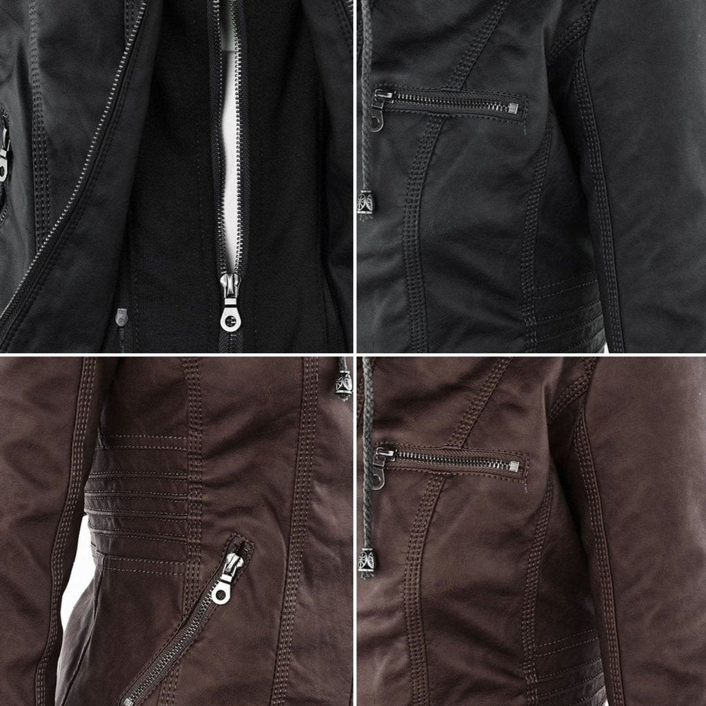 Women's Faux Leather Moto Coat with Removable Hood