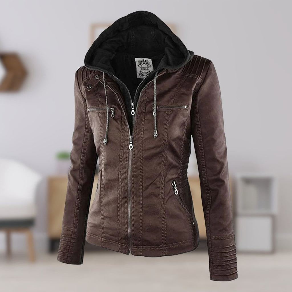 Women's Faux Leather Moto Coat with Removable Hood