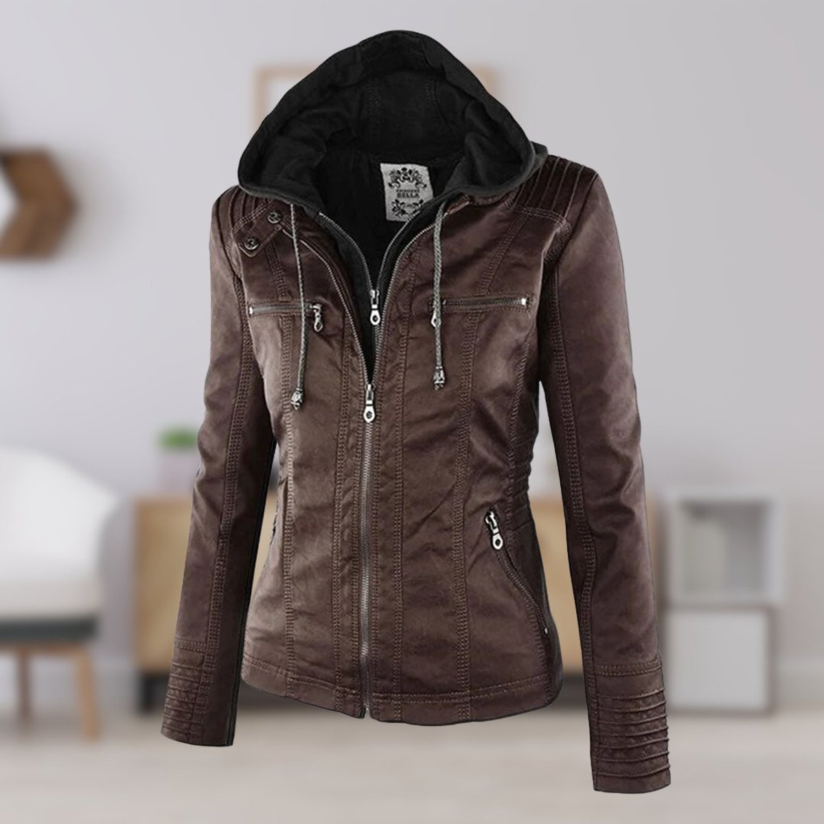 Women's Faux Leather Moto Coat with Removable Hood