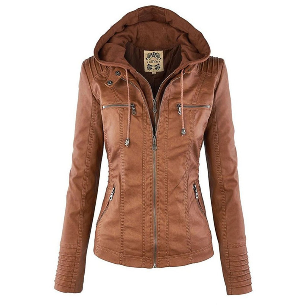 Women's Faux Leather Moto Coat with Removable Hood