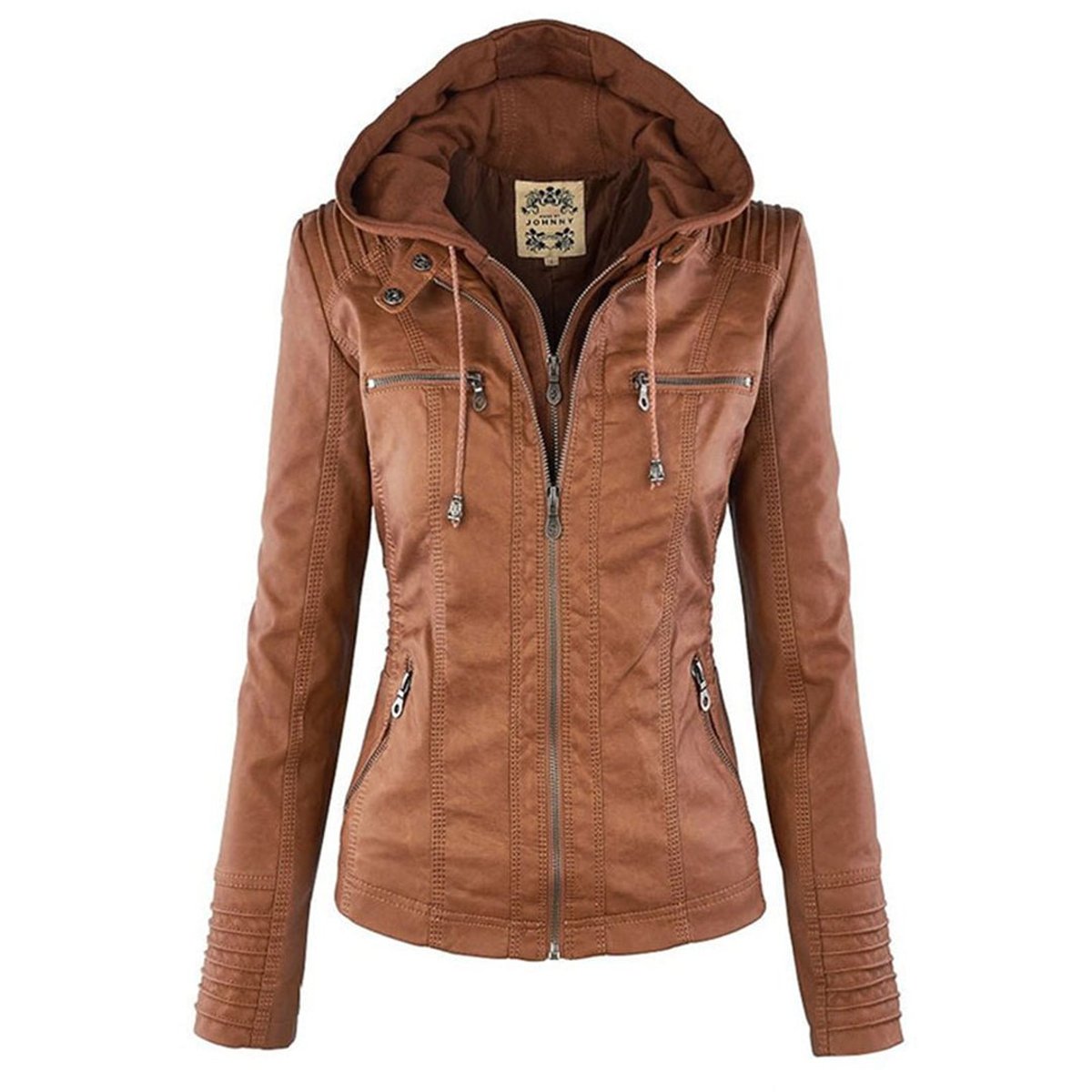 Women's Faux Leather Moto Coat with Removable Hood