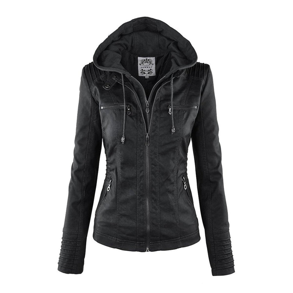 Women's Faux Leather Moto Coat with Removable Hood
