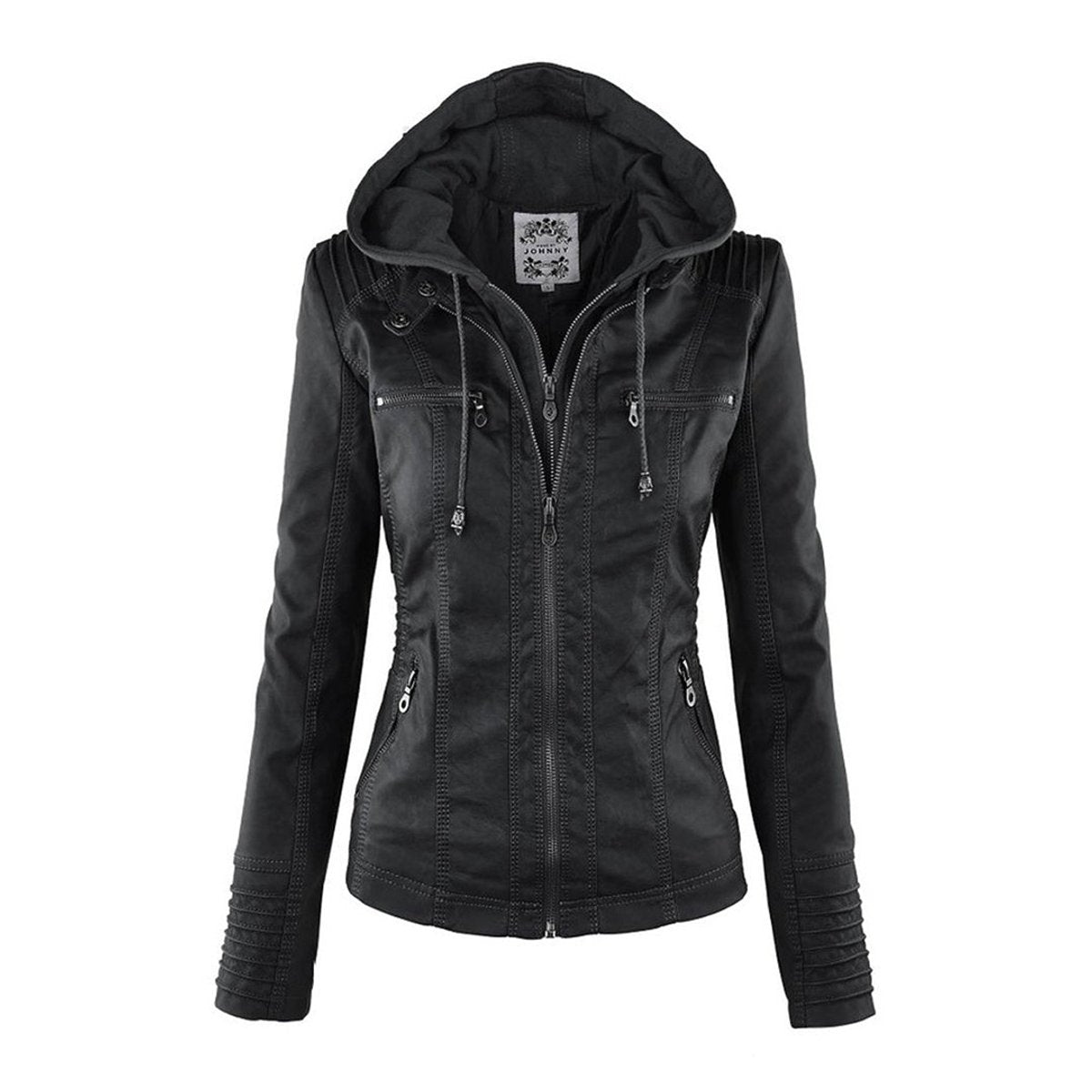 Women's Faux Leather Moto Coat with Removable Hood