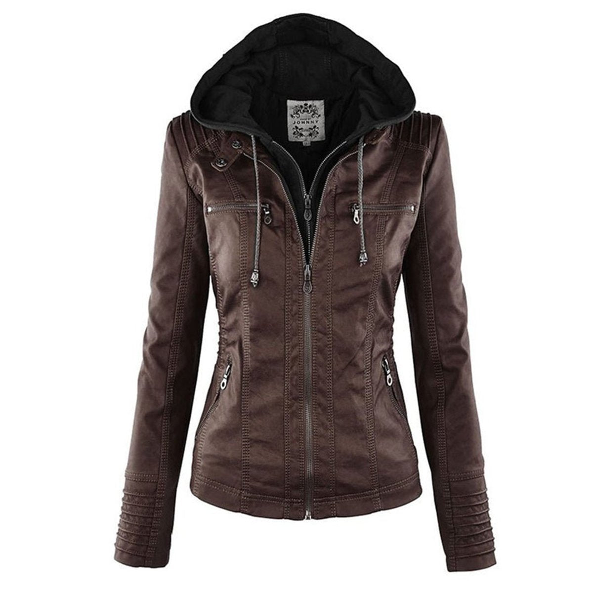 Women's Faux Leather Moto Coat with Removable Hood