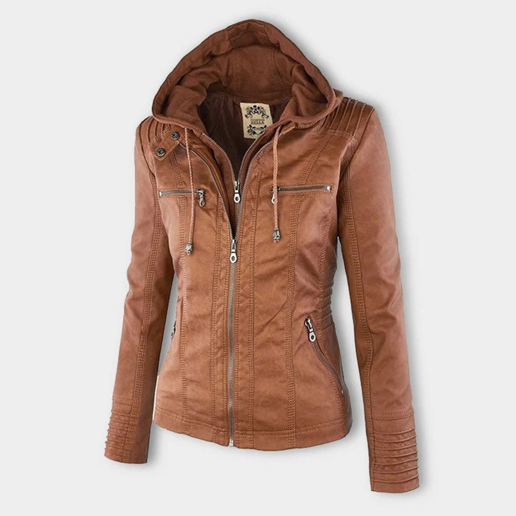 Women's Faux Leather Moto Coat with Removable Hood