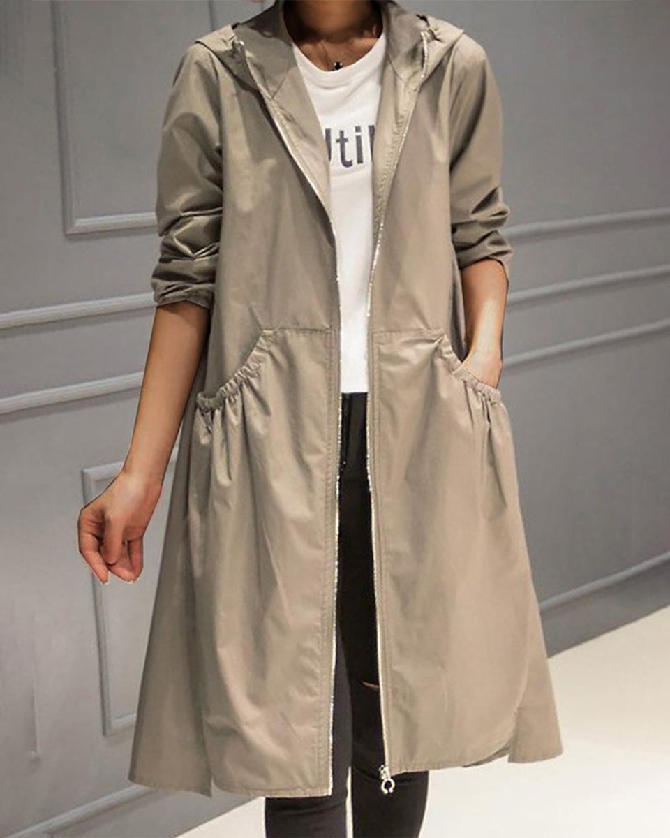 Women's Long Hooded Waterproof Zip Trench Overcoat
