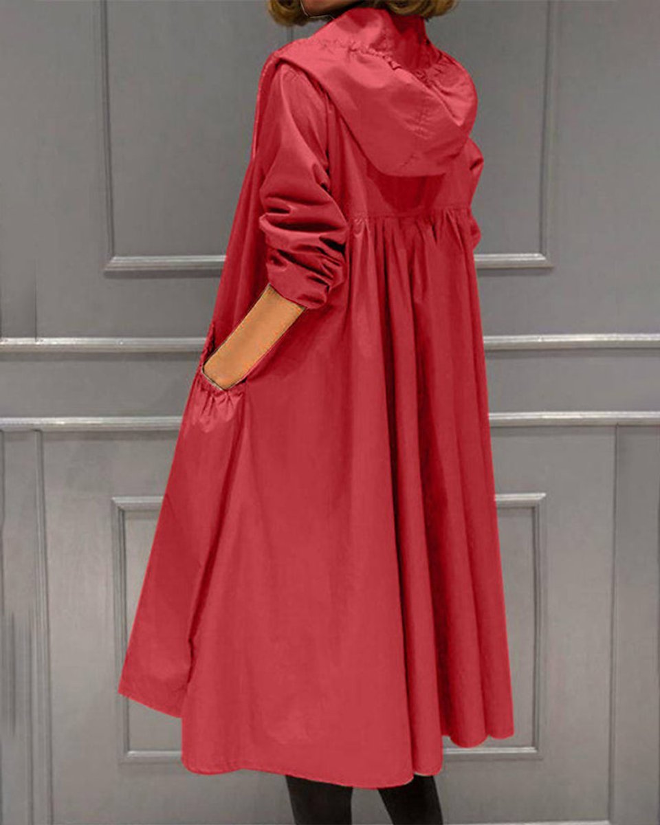Women's Long Hooded Waterproof Zip Trench Overcoat