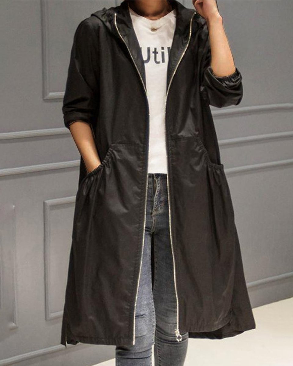 Women's Long Hooded Waterproof Zip Trench Overcoat
