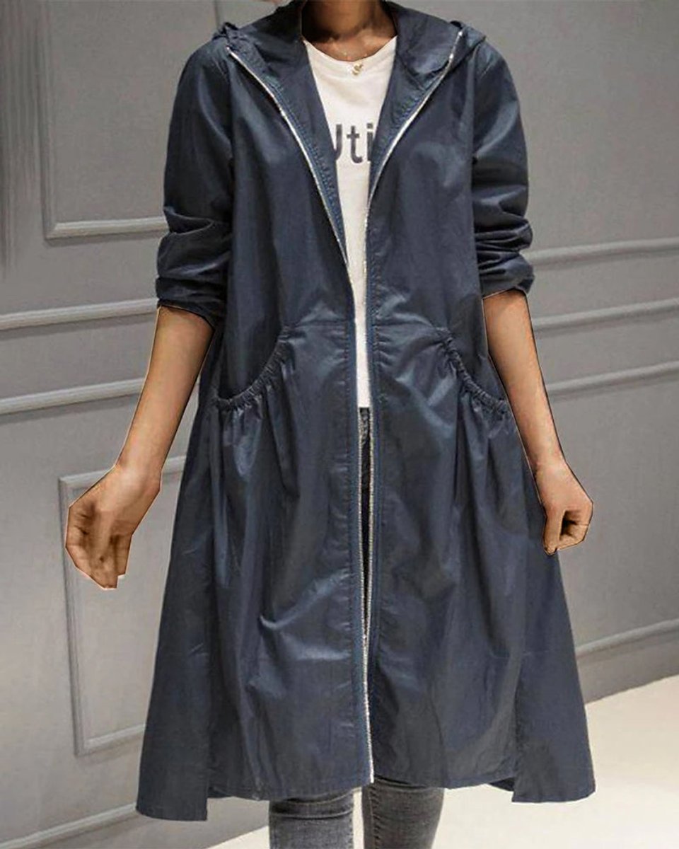 Women's Long Hooded Waterproof Zip Trench Overcoat