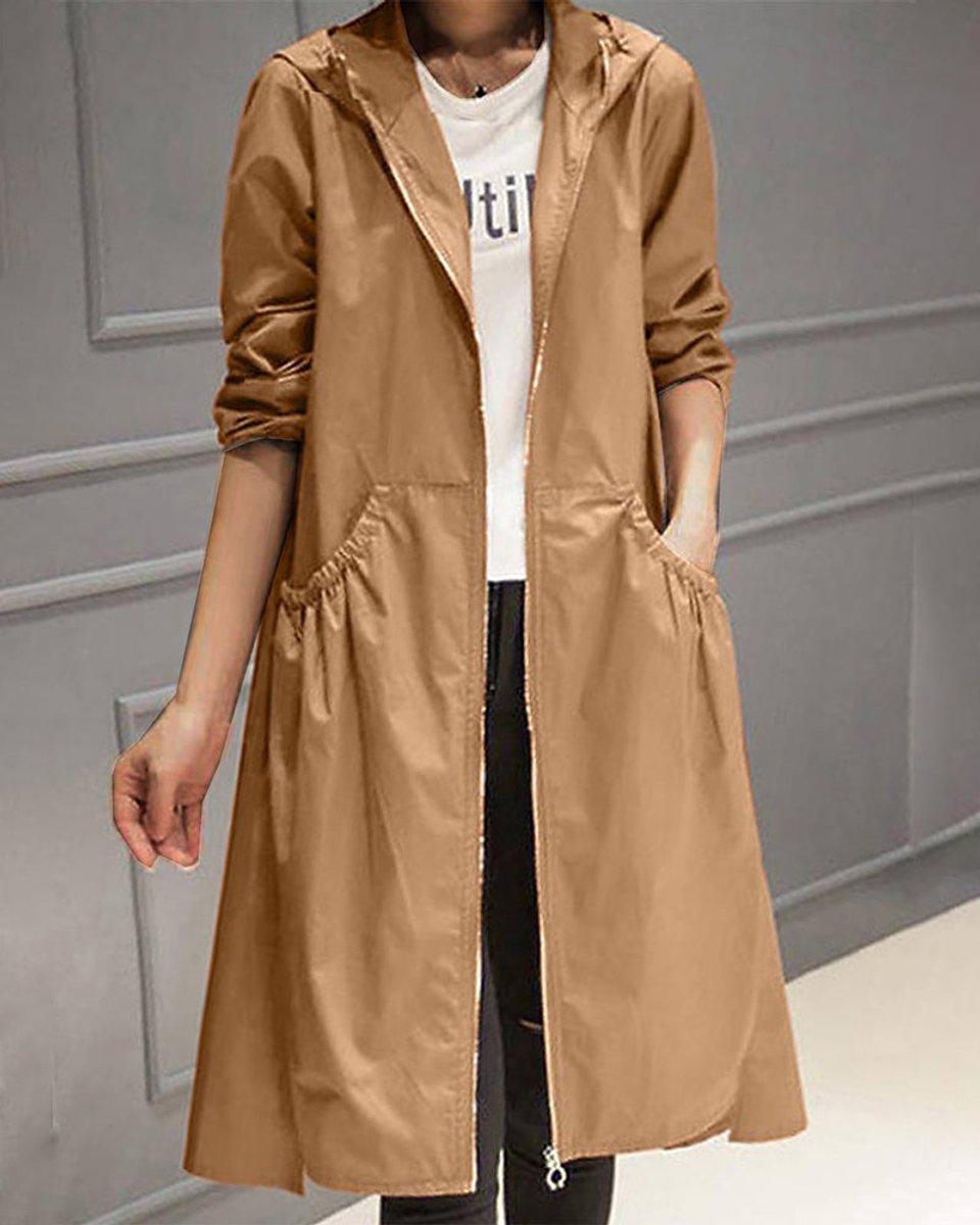 Women's Long Hooded Waterproof Zip Trench Overcoat