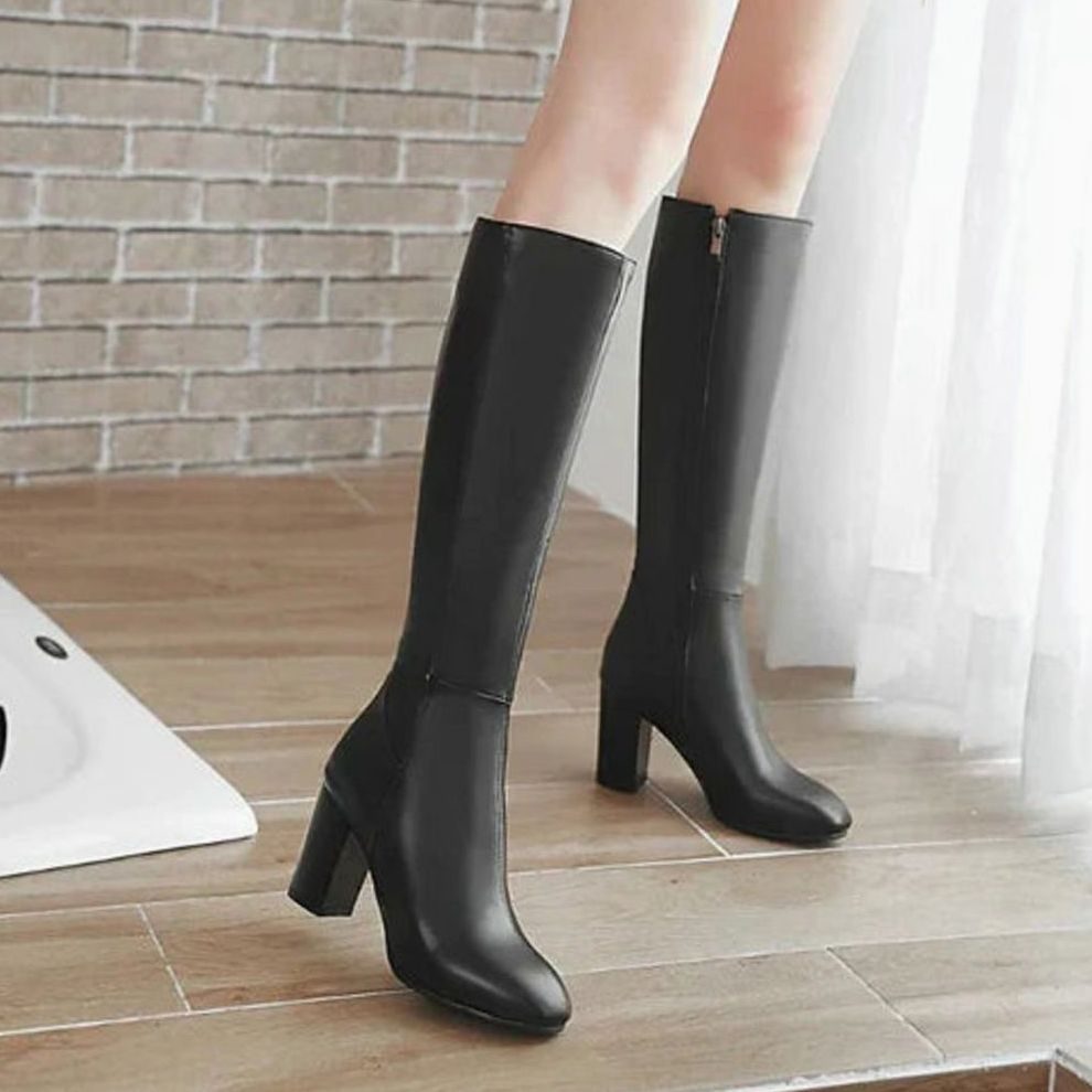 Women's Side Zip Knee High Boots with Block Heel