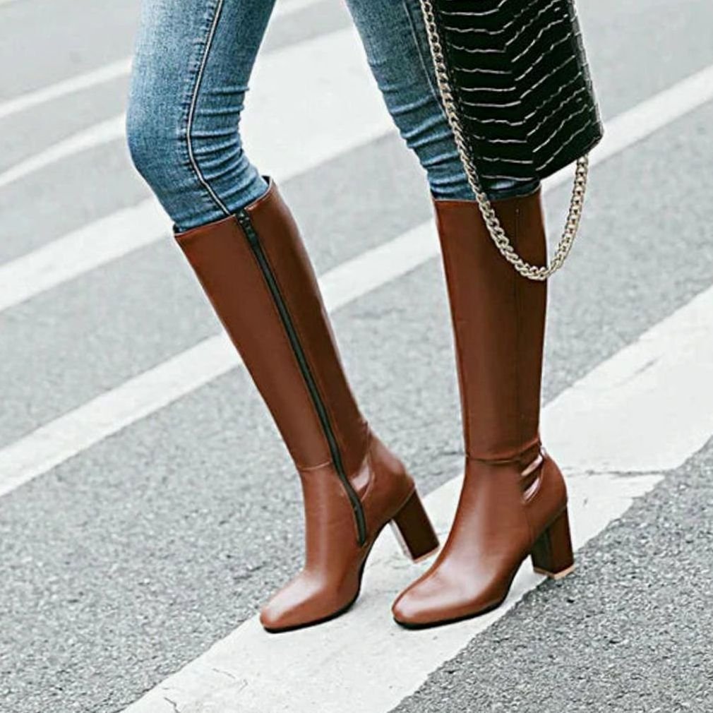 Women's Side Zip Knee High Boots with Block Heel