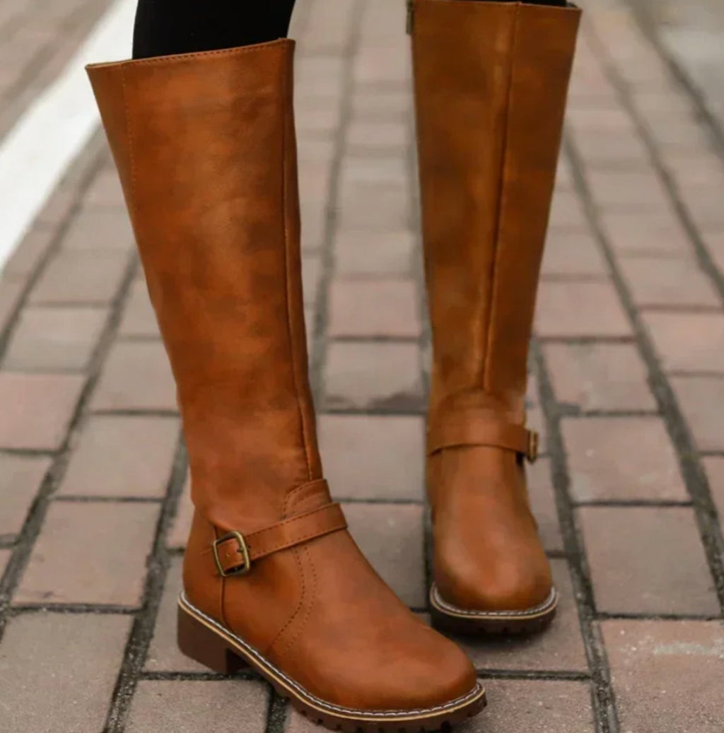 Women's Leather Riding Boots with Block Heel and Smooth Upper
