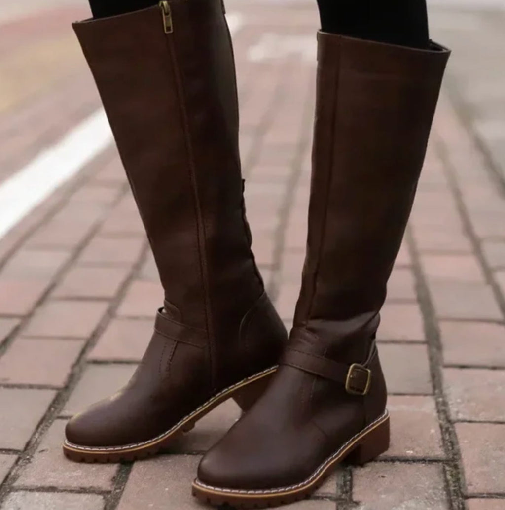 Women's Leather Riding Boots with Block Heel and Smooth Upper