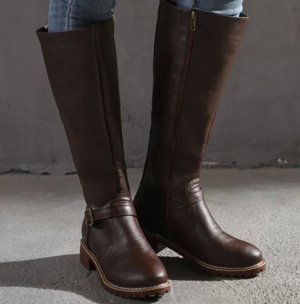 Women's Leather Riding Boots with Block Heel and Smooth Upper