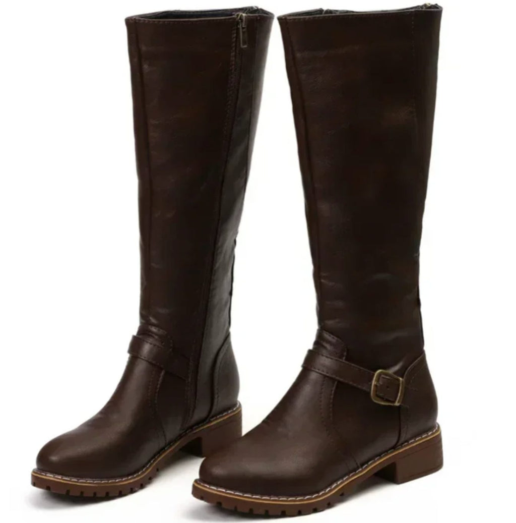 Women's Leather Riding Boots with Block Heel and Smooth Upper