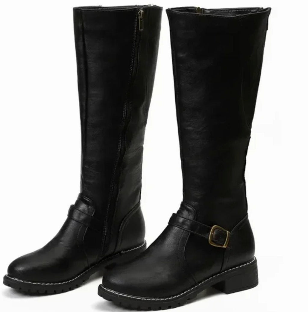 Women's Leather Riding Boots with Block Heel and Smooth Upper
