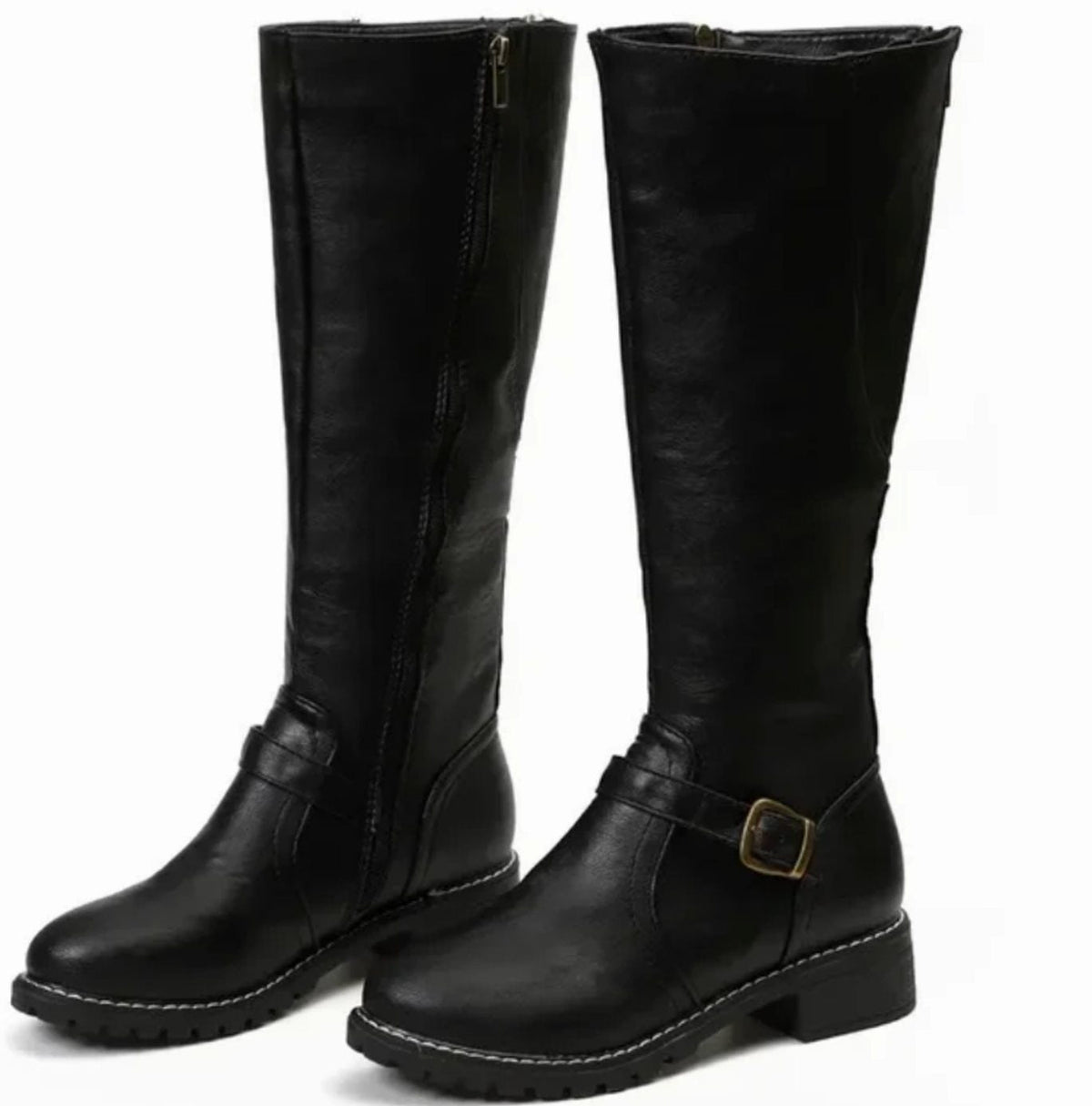 Women's Leather Riding Boots with Block Heel and Smooth Upper