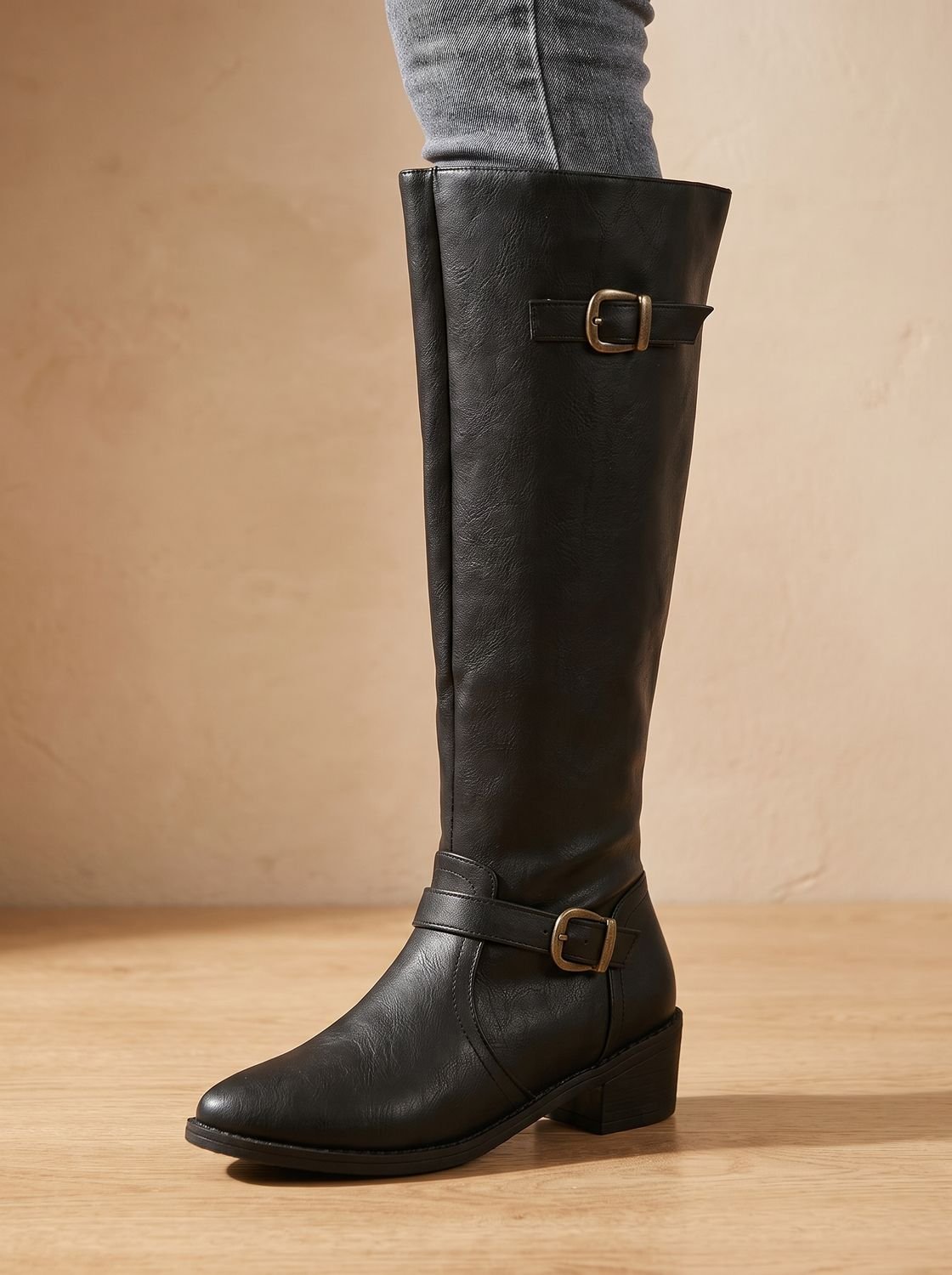 Women's Knee-High Equestrian Boots with Antique Buckle Straps