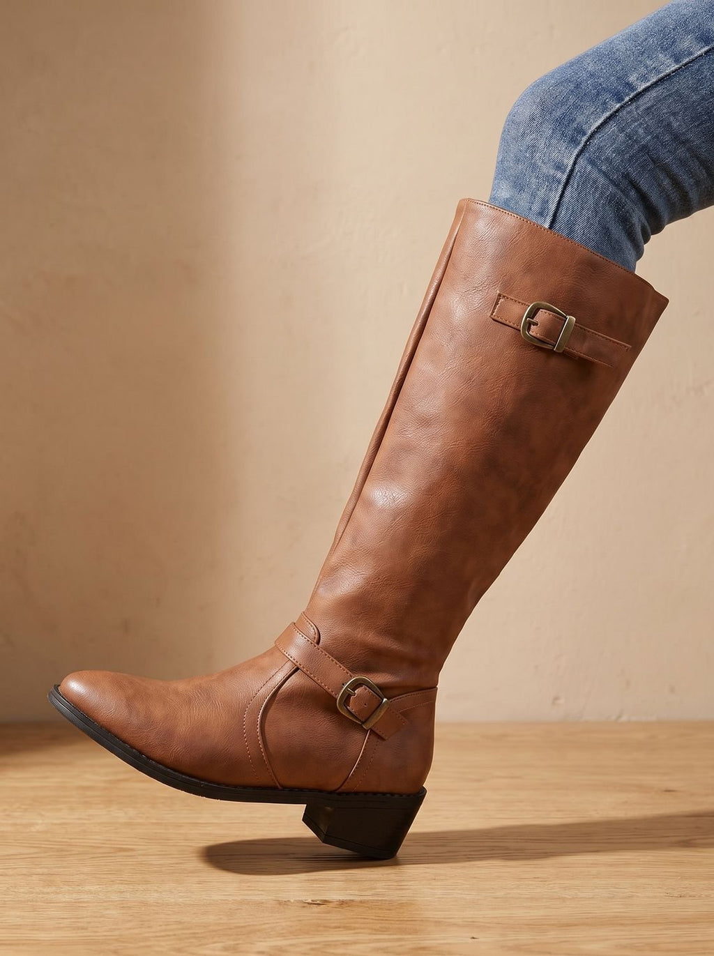 Women's Knee-High Equestrian Boots with Antique Buckle Straps