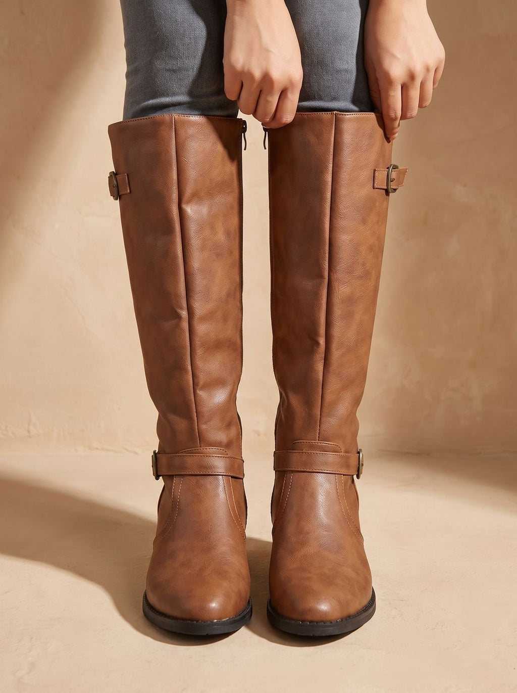 Women's Knee-High Equestrian Boots with Antique Buckle Straps