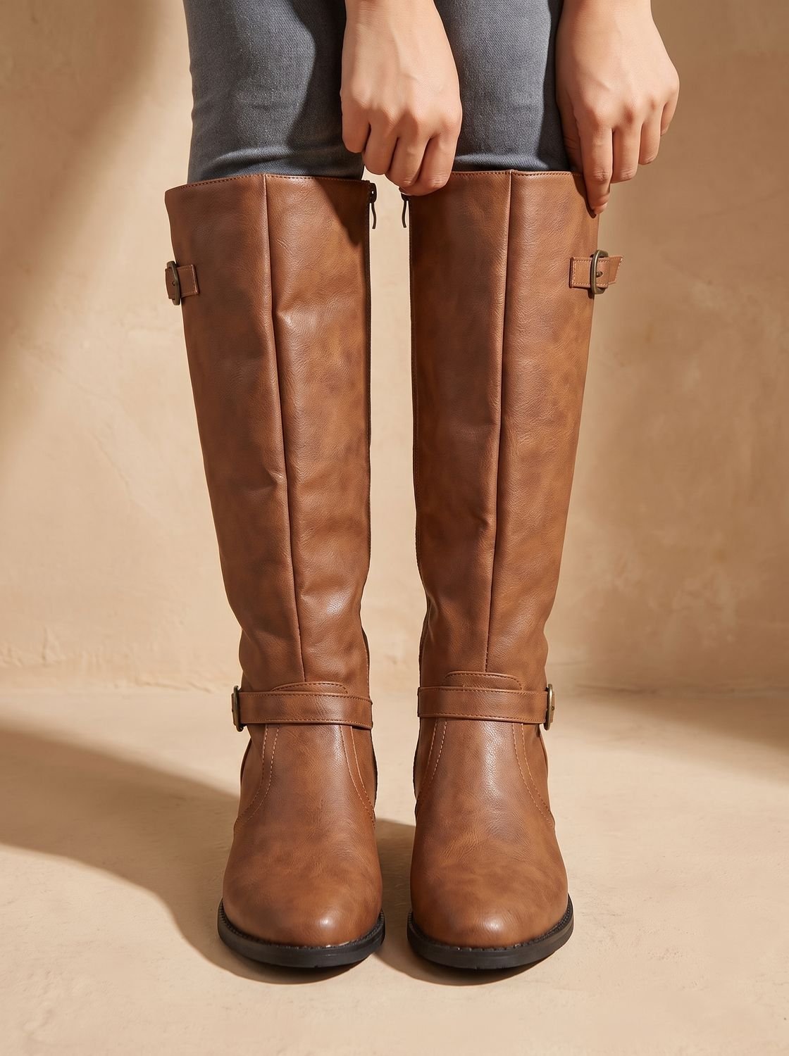 Women's Knee-High Equestrian Boots with Antique Buckle Straps